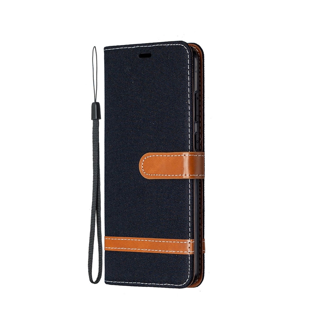 Image of Nokia 5.3 Stoff Tasche im Jeans Look mit Kartenfach + Magnetverschluss - Schwarz / Braun bei Apfelkiste.ch