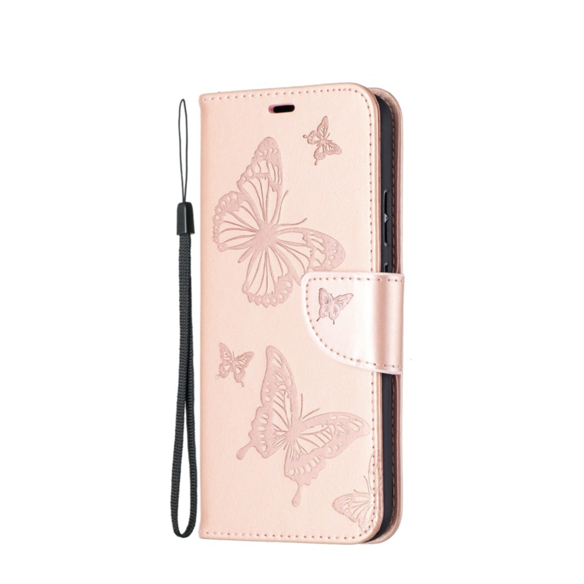 Image of Nokia 5.4 Leder Tasche mit Kartenfach + Handschlaufe Schmetterling - Roségold bei Apfelkiste.ch