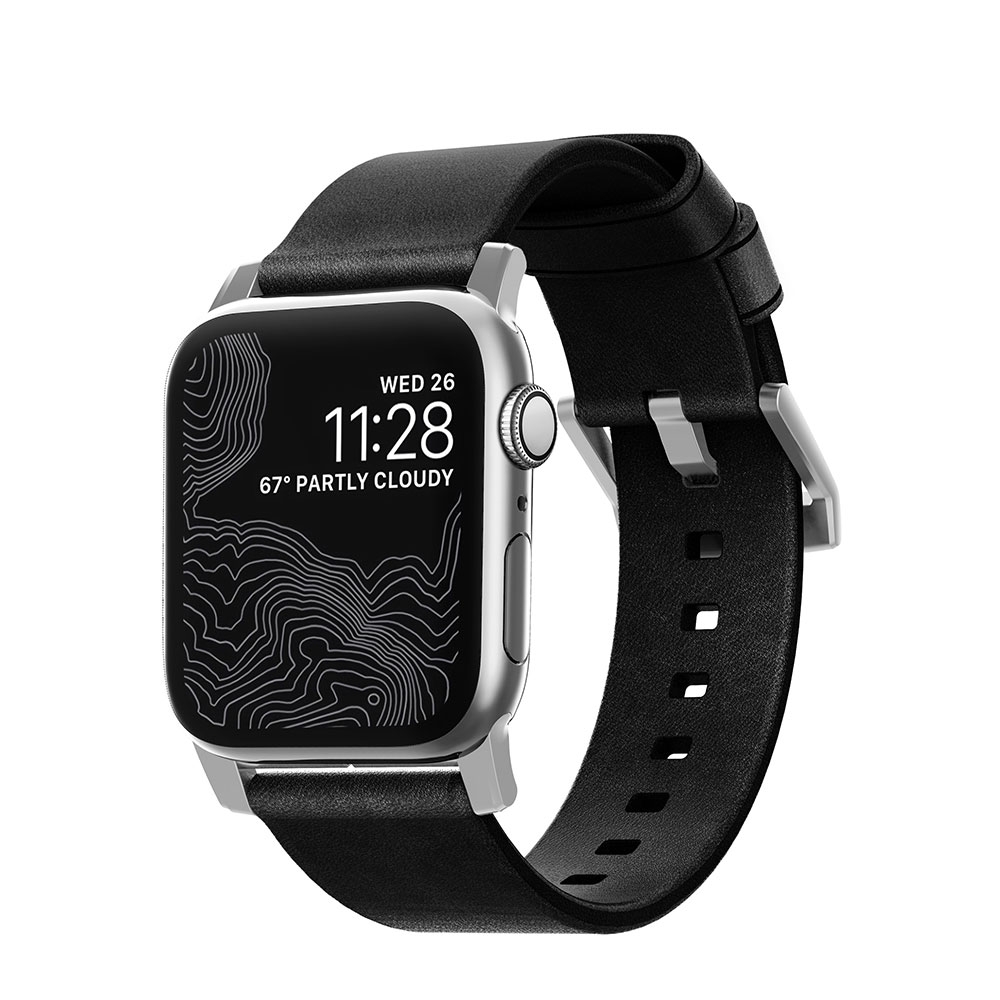 Image of Nomad - Apple Watch (45/44/42 mm) Echtleder Armband Modern Strap (NM1A41SM00) - Schwarz / Silber bei Apfelkiste.ch