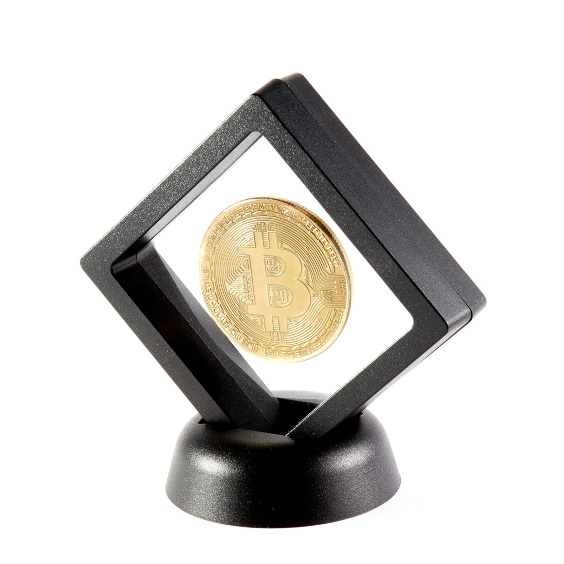 Image of (Ø38mm) Bitcoin BTC Krypto Münze Souvenir Sammlerstück + Präsentations Ständer - Schwarz / Gold bei Apfelkiste.ch