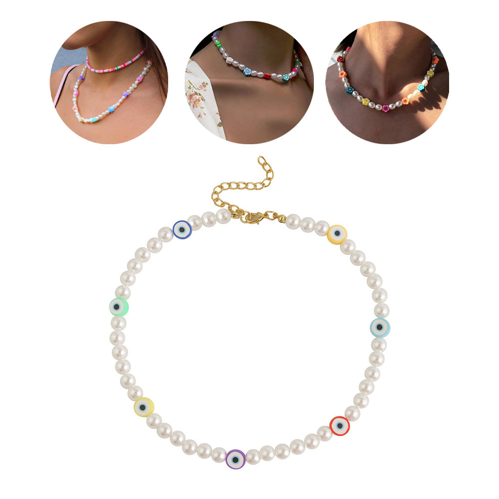 Image of (Ø13cm) Perlen Halskette Boho Augen Charms Choker Accessoire - Weiss / Bunt bei Apfelkiste.ch