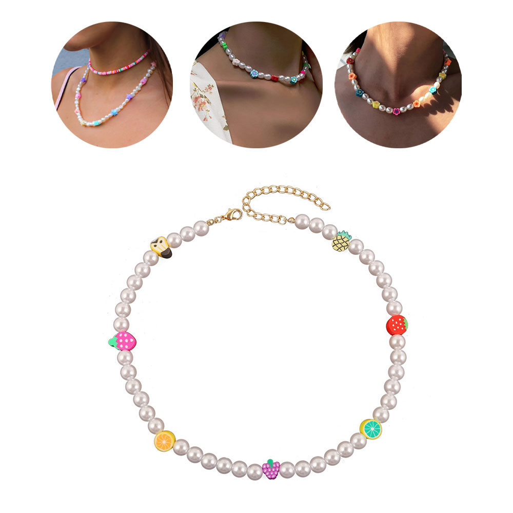Image of (Ø13cm) Perlen Halskette Boho Früchte Charms Choker Accessoire - Weiss / Bunt bei Apfelkiste.ch