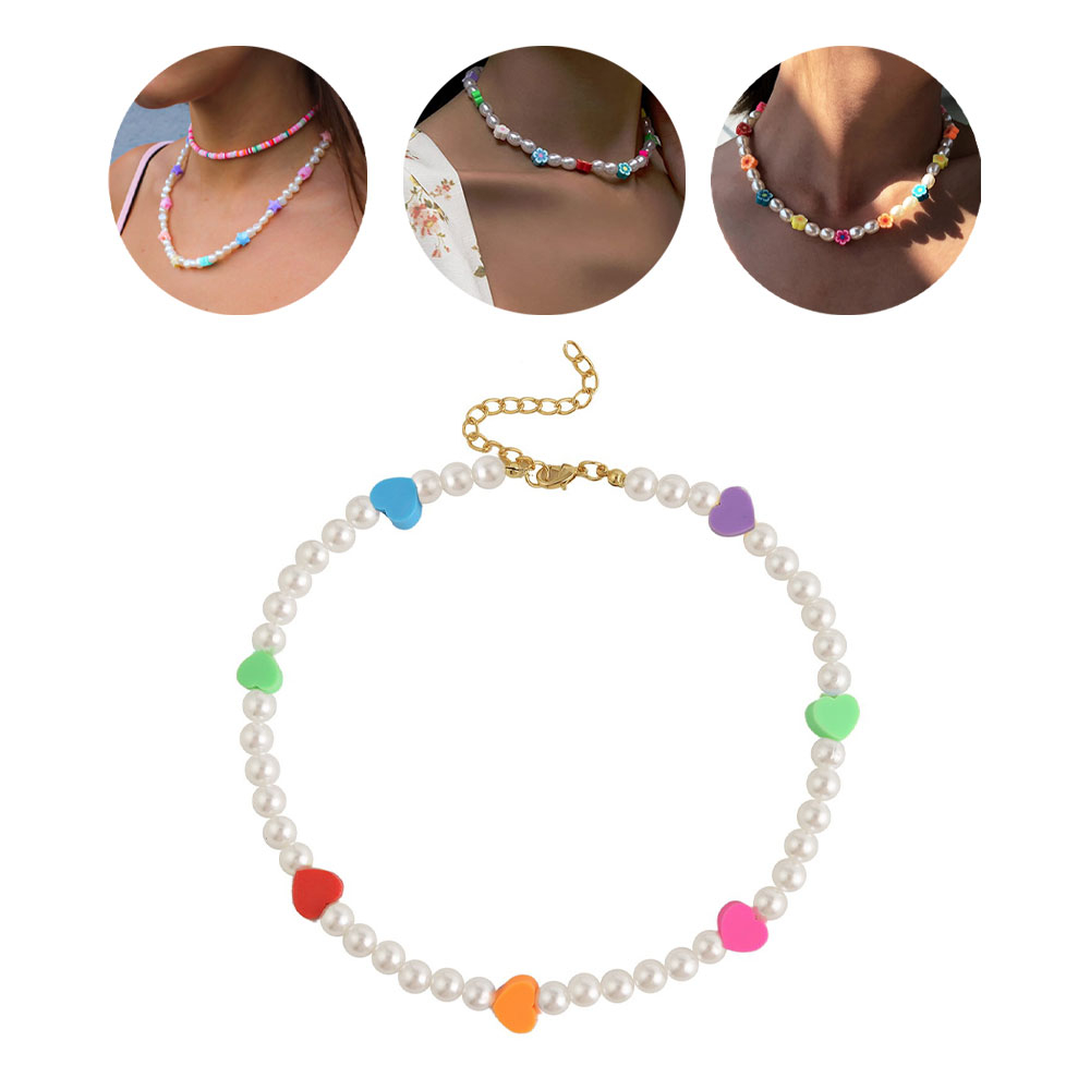 Image of (Ø13cm) Perlen Halskette Boho Herz Charms Choker Accessoire - Weiss / Bunt bei Apfelkiste.ch