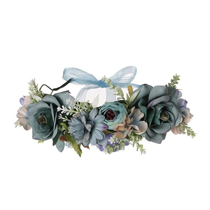 Handgefertigter Blumenkranz-Stirnband Aus Seide – Verstellbar, Blau, Für Hochzeit & Festival