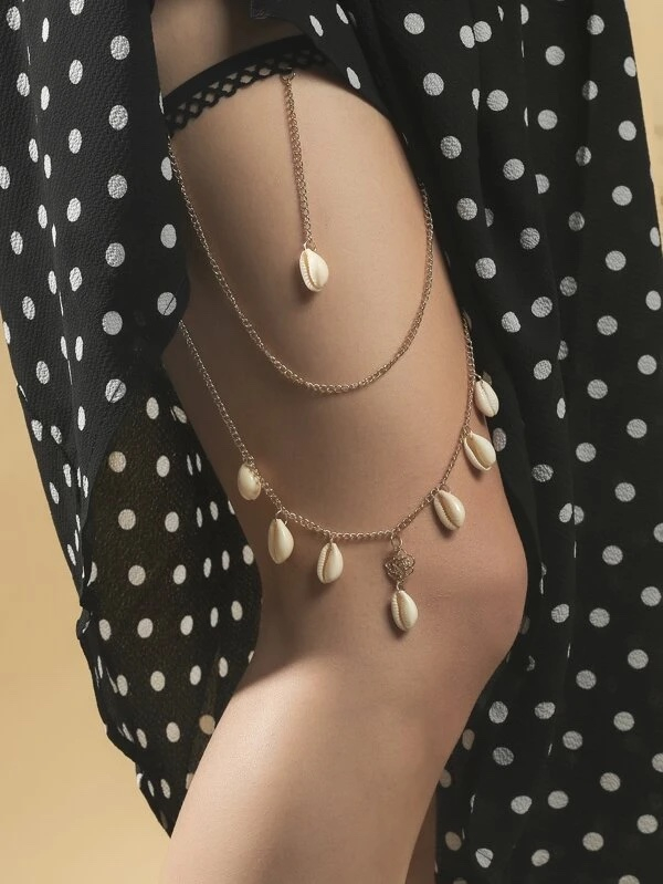 Image of (Ø18-30cm) Elastische Bein Kette Boho Körper Schmuck Oberschenkel Accessoire Muscheln - Gold / Schwarz bei Apfelkiste.ch