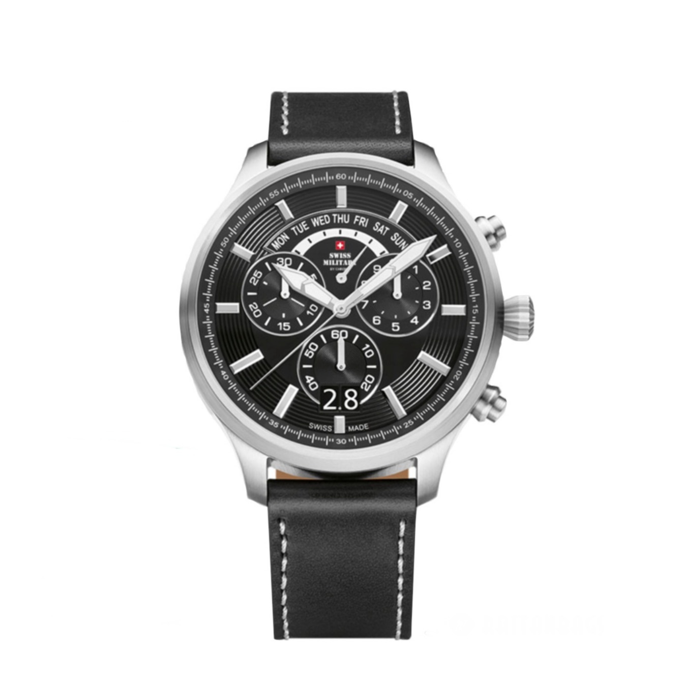 Image of Swiss Military by Chrono - (Ø48mm) Sports Chronograph Herren Echtleder Armbanduhr Analog (Gelenkumfang 185-240mm) - Schwarz / Silber bei Apfelkiste.ch