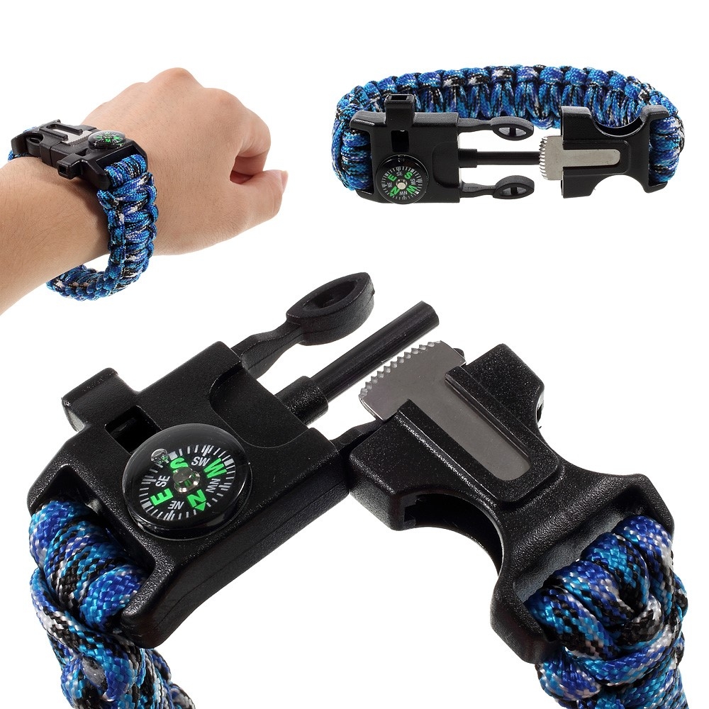 Outdoor Survival Paracord Armband (Kompass, Feuerstein, Notfall Messer & Pfeife) - Camouflage (Blau)
