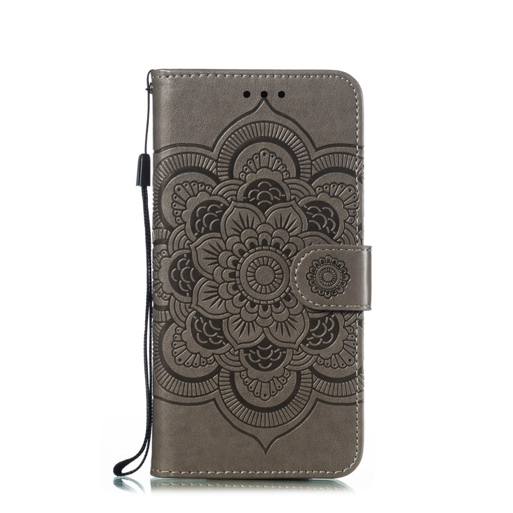 Huawei P Smart Plus (2019) Leder Tasche Wallet - Mandala Flowers - Grau