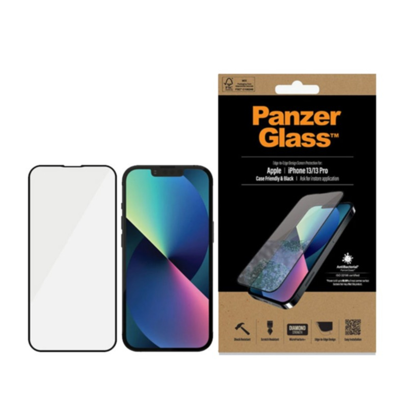 Image of PanzerGlass - iPhone 14 / iPhone 13 / 13 Pro Antibakterielle Panzer Glas Display Case Friendly mit Rahmen 0.3mm (PRO2745) - Schwarz bei Apfelkiste.ch
