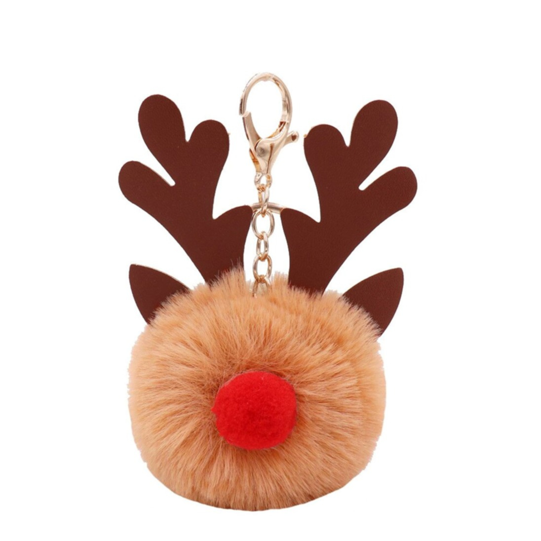 Image of Pompom Schlüsselanhänger Rentier Handtaschen Accessoire mit Spaltring + Trigger Verschluss - Braun / Gold bei Apfelkiste.ch