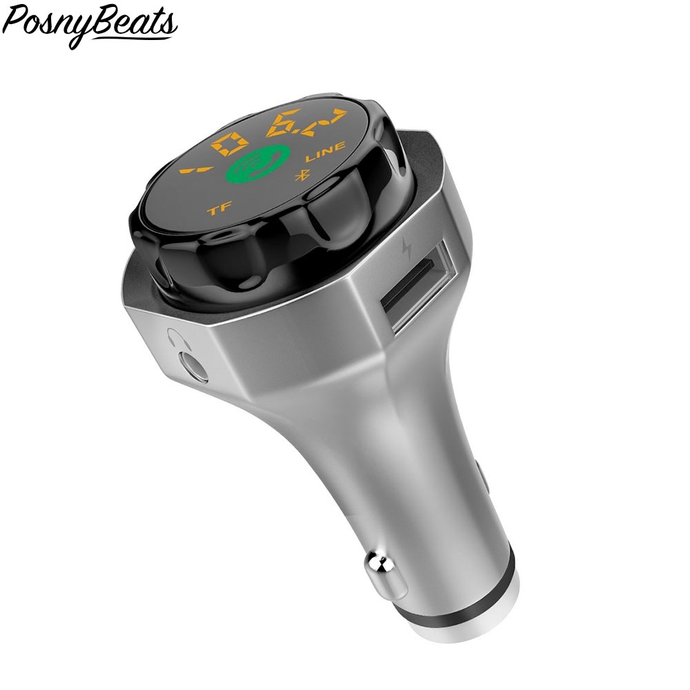 PosnyBeats - Alu KFZ FM Audio Transmitter Bluetooth 4.2 Freisprecheinrichtung MP3 Player mit Notfallhammer + Dual USB Ladeport / Aux-In / MicroSD Slot