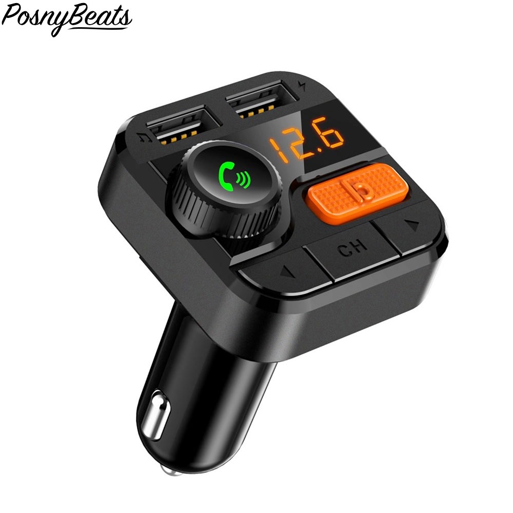 PosnyBeats - KFZ FM Audio Transmitter Bluetooth 5.0 Freisprecheinrichtung mit Bass Booster + Dual USB Ladeport & Mirco SD Kartenslot - Schwarz