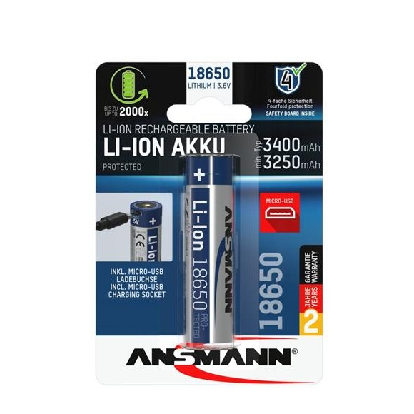 Image of Ansmann - Wiederaufladbare 3.6 Volt 3250mAh 18650 Akku Flachkopf Batterie mit Micro USB Ladeanschluss (1307-0003) bei Apfelkiste.ch