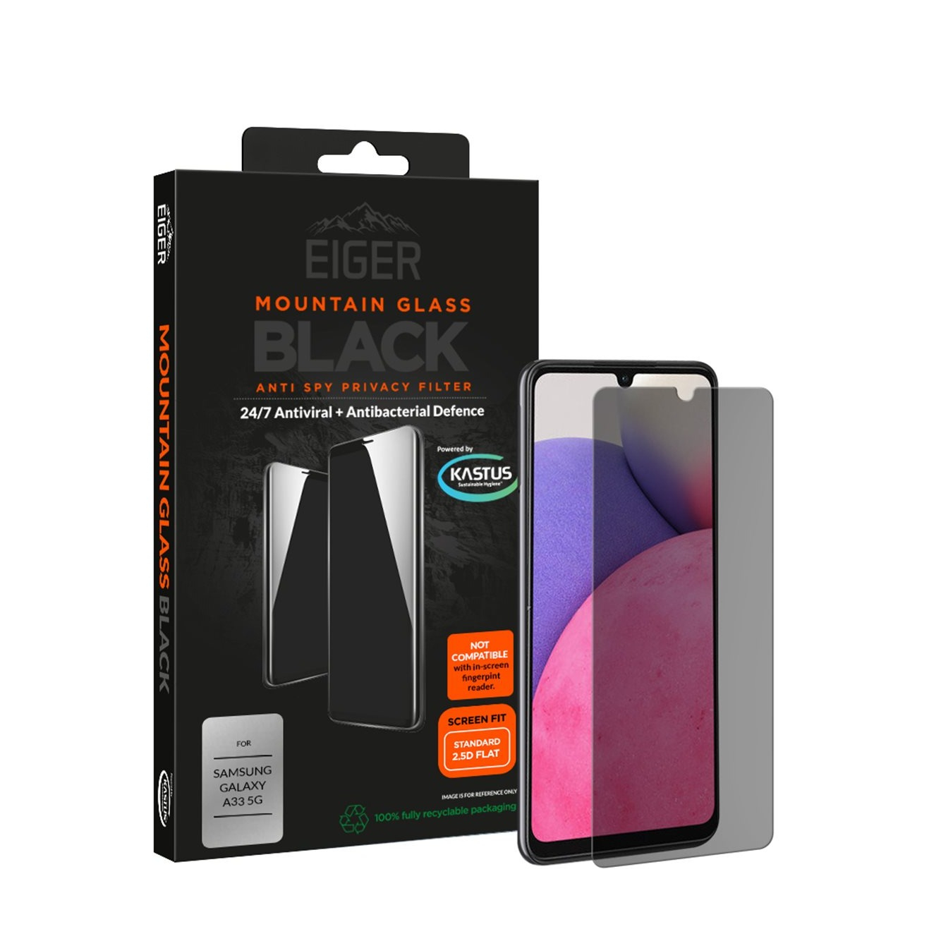Image of Eiger - Samsung Galaxy A33 5G Antibakterielle Antivirale Mountain Black Privacy 3D Panzer Glas Display Schutz Case Friendly (EGMSP00227) bei Apfelkiste.ch
