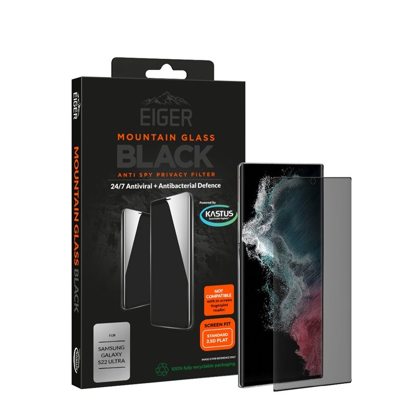 Image of Eiger - Samsung Galaxy S22 Ultra 5G Antibakterielle Antivirale Mountain Black Privacy 3D Panzer Glas Display Case Friendly (EGMSP00220) bei Apfelkiste.ch
