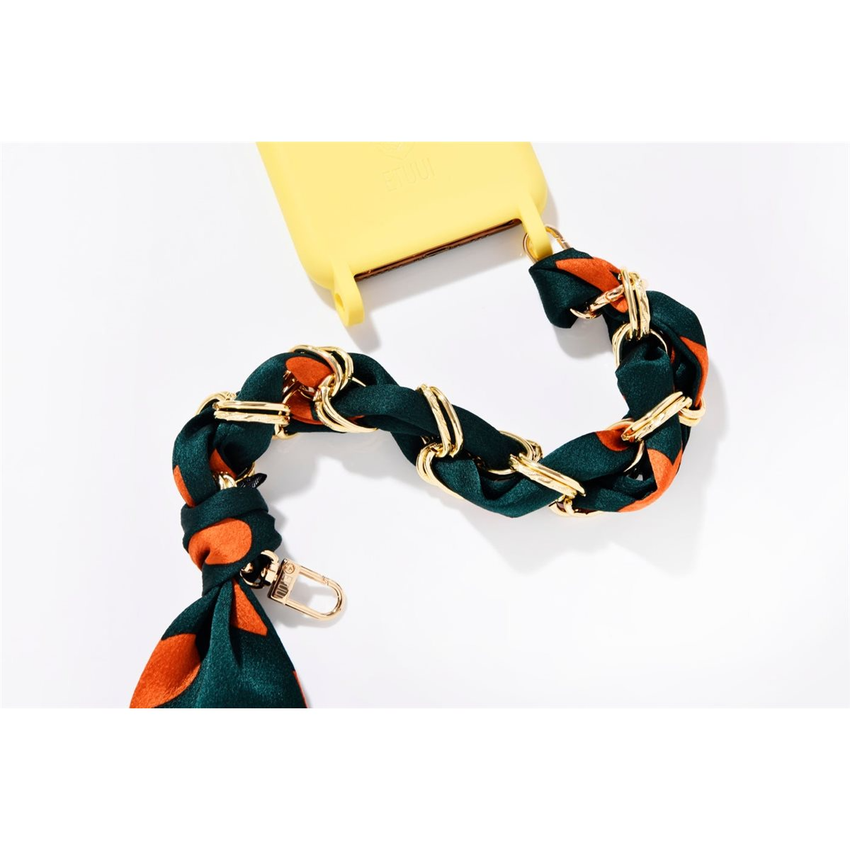 Image of ETUUI - (25cm) Universal Handykette mit Seidentuch für Schutzhülle mit Karabiner Verschluss (silk-chain-derby-d-o) - Dunkelgrün / Orange bei Apfelkiste.ch