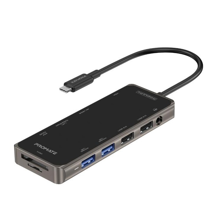 Image of 11in1 Promate - (100W) PrimeHub-Pro USB C Multiport Adapter mit 4K HDMI / VGA 1080p / USB C (PD) / 4x USB / 3.5mm / LAN / Micro-/SD Slot - Schwarz bei Apfelkiste.ch