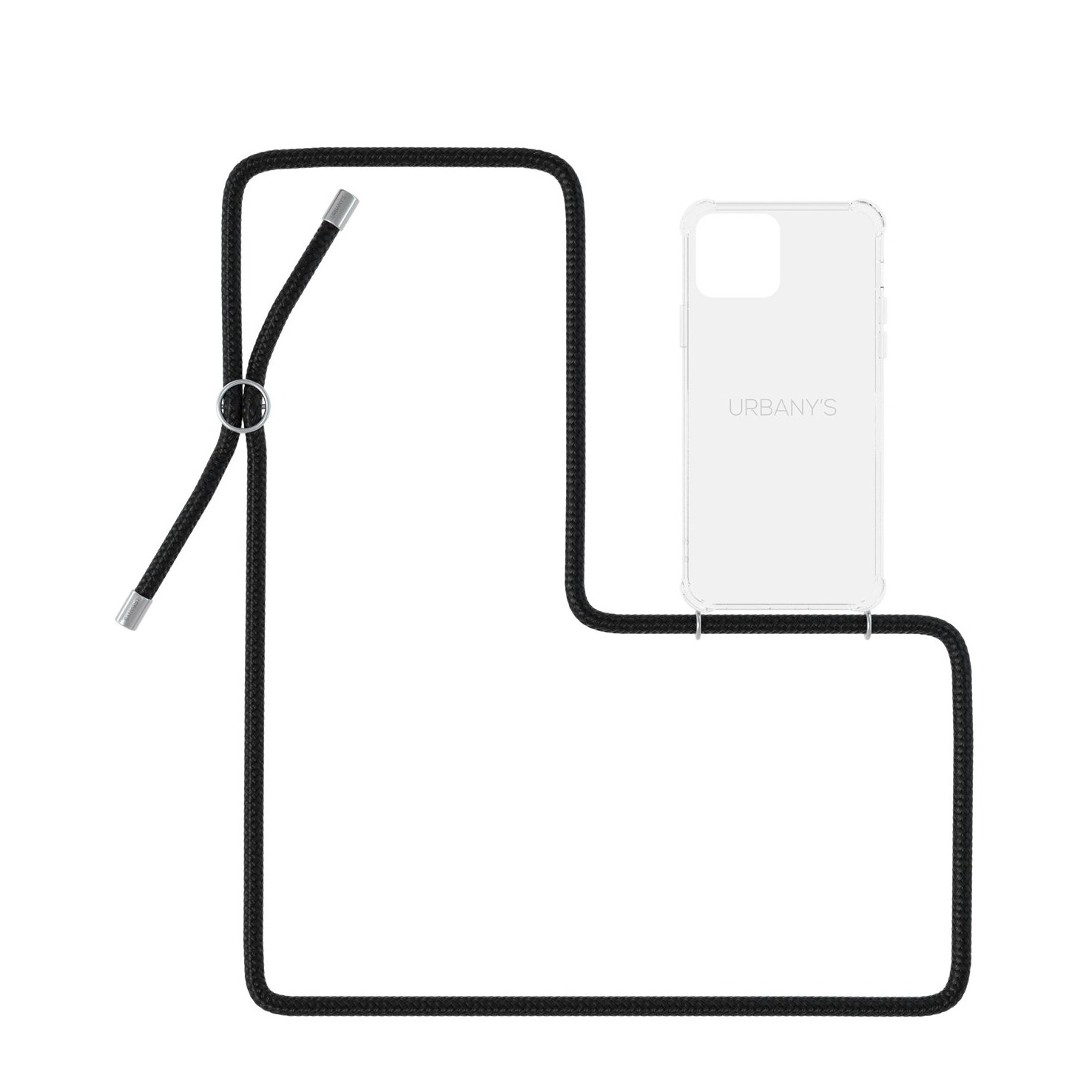 Image of Urbany's - (130cm) iPhone 11 Night Owl Necklace Hybrid Hülle Air Cushion Fallschutz + Handykette (PN-TS-I11-NOS) - Transparent / Schwarz bei Apfelkiste.ch