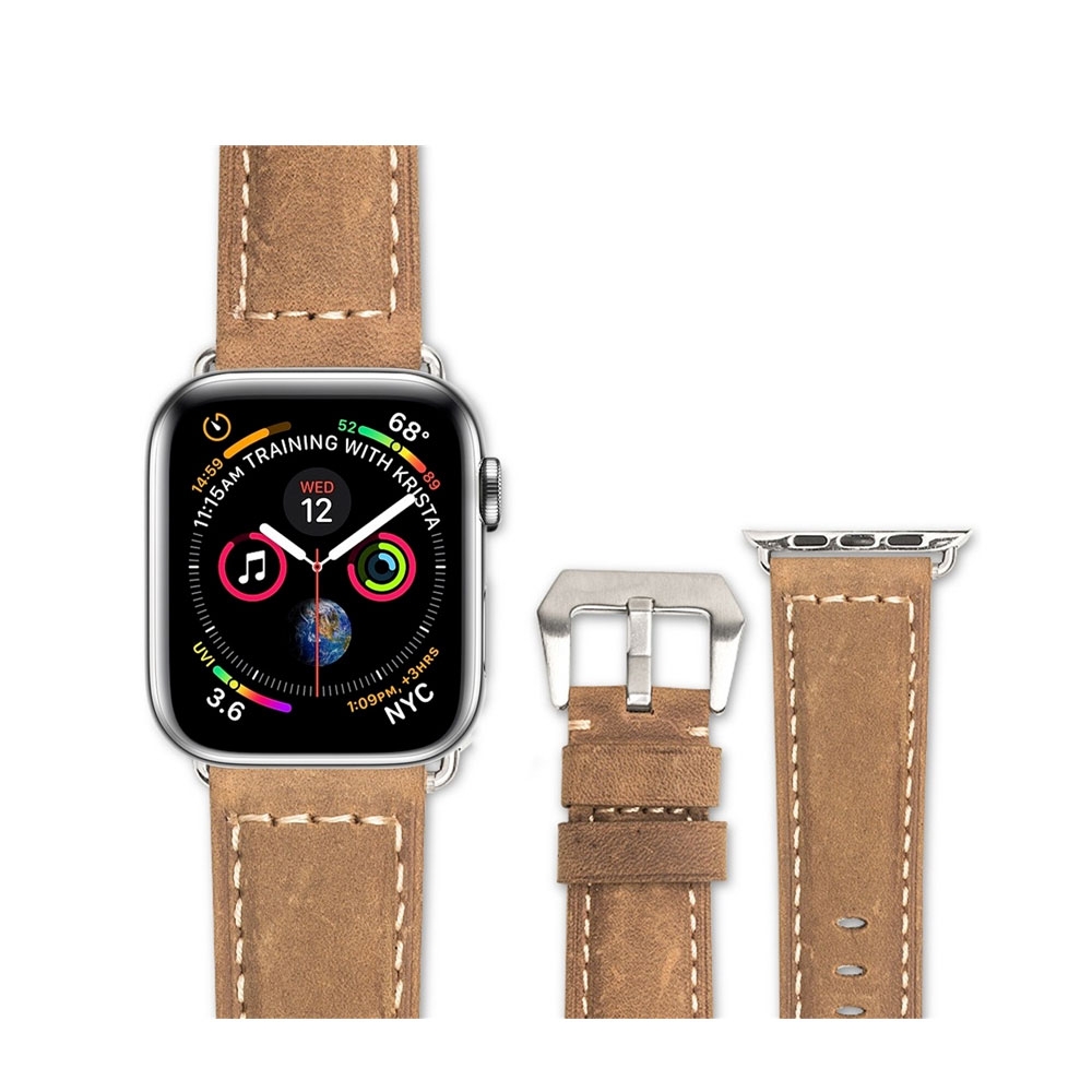 Image of (Gr. L) Qialino - Apple Watch (41/40/38 mm) Ersatz Echtleder Armband im Vintage Look (Gelenkumfang 178-219 mm) - Braun bei Apfelkiste.ch