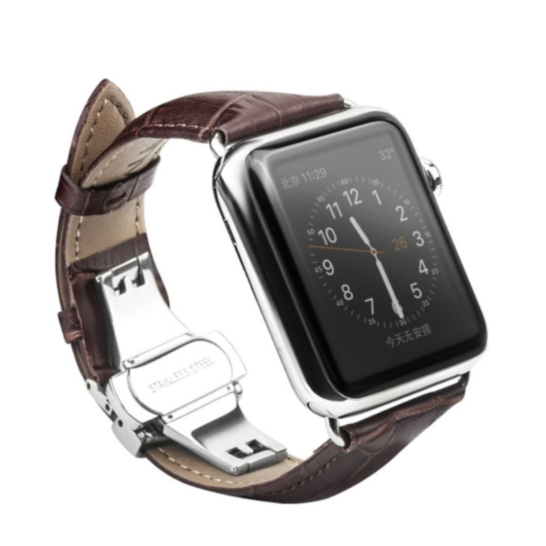 Image of Qialino - Apple Watch (45/44/42 mm) Ersatz Echtleder Armband im Kroko Look - Dunkelbraun bei Apfelkiste.ch