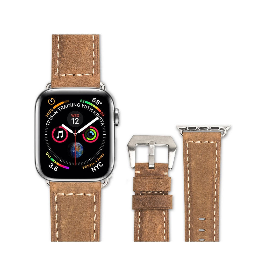 Image of (Gr. XL) Qialino - Apple Watch (45/44/42 mm) Ersatz Echtleder Armband im Vintage Look (Gelenkumfang 180-225 mm) - Braun bei Apfelkiste.ch