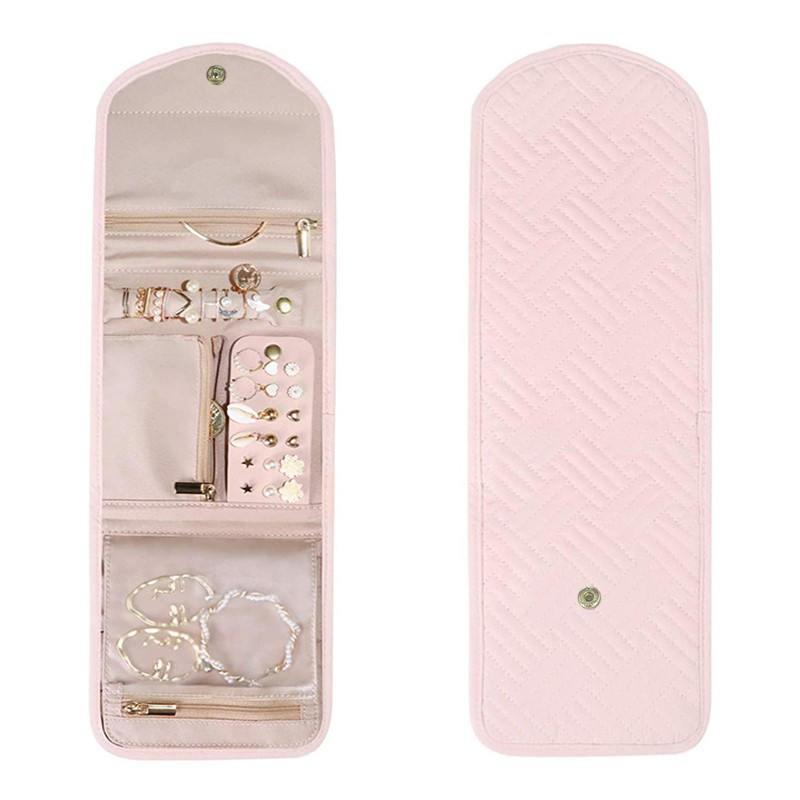 VelvetGlow Reiseschmuck Organizer - Schmuckbeutel Für Armband Ringe Ohrringe | Apricot Pink | Wasserdichtes PU Leder