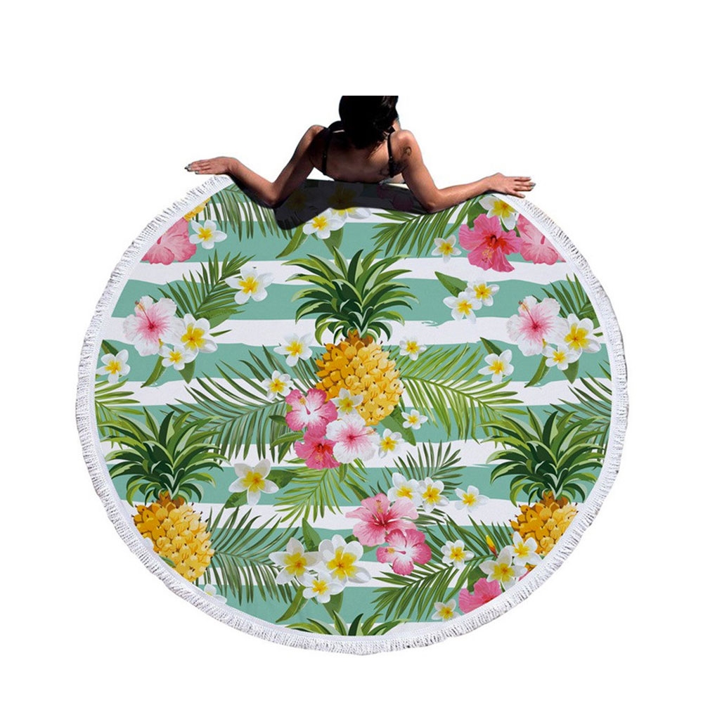 Robustes Mikrofaser Strandtuch Handtuch Beach Roundie (466g / 150cm) Ananas Flower - Grün / Weiss