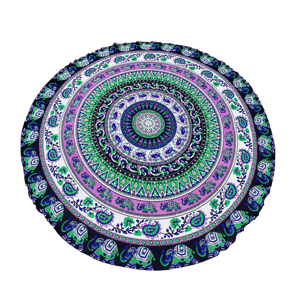 Robustes Mikrofaser Strandtuch Handtuch Beach Roundie (116g / 150cm) Mandala - Elefant (Schwarz/Grün)