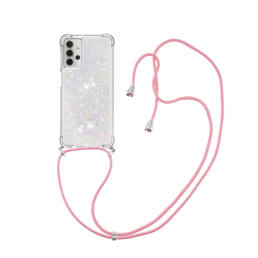 Image of Samsung Galaxy A32 5G Necklace Gummi Hülle Liquid Glitzer + Handykette (130cm) - Rosa / Silber bei Apfelkiste.ch