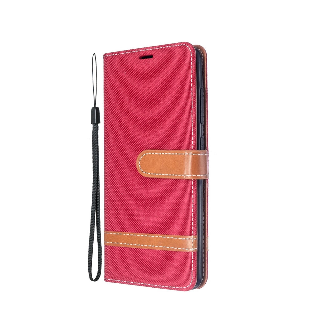 Samsung Galaxy A51 (2019) Stoff Tasche im Jeans Look mit Kartenfach + Magnetverschluss - Rot / Braun