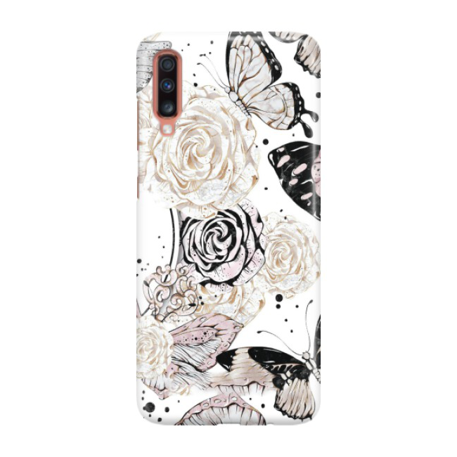 Samsung Galaxy A70 Hardcase Schutzhülle Blumen Schmetterling - Weiss / Rosa