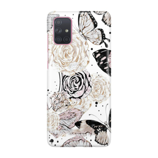 Samsung Galaxy A71 Hardcase Schutzhülle Blumen Schmetterling - Weiss / Rosa