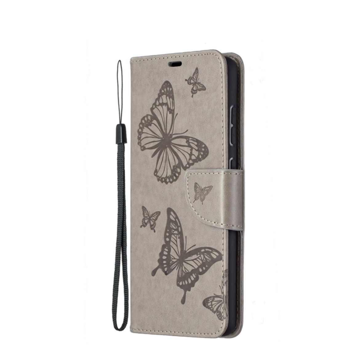 Image of Samsung Galaxy A72 / A72 5G Leder Tasche mit Kartenfach + Handschlaufe Schmetterling - Grau bei Apfelkiste.ch