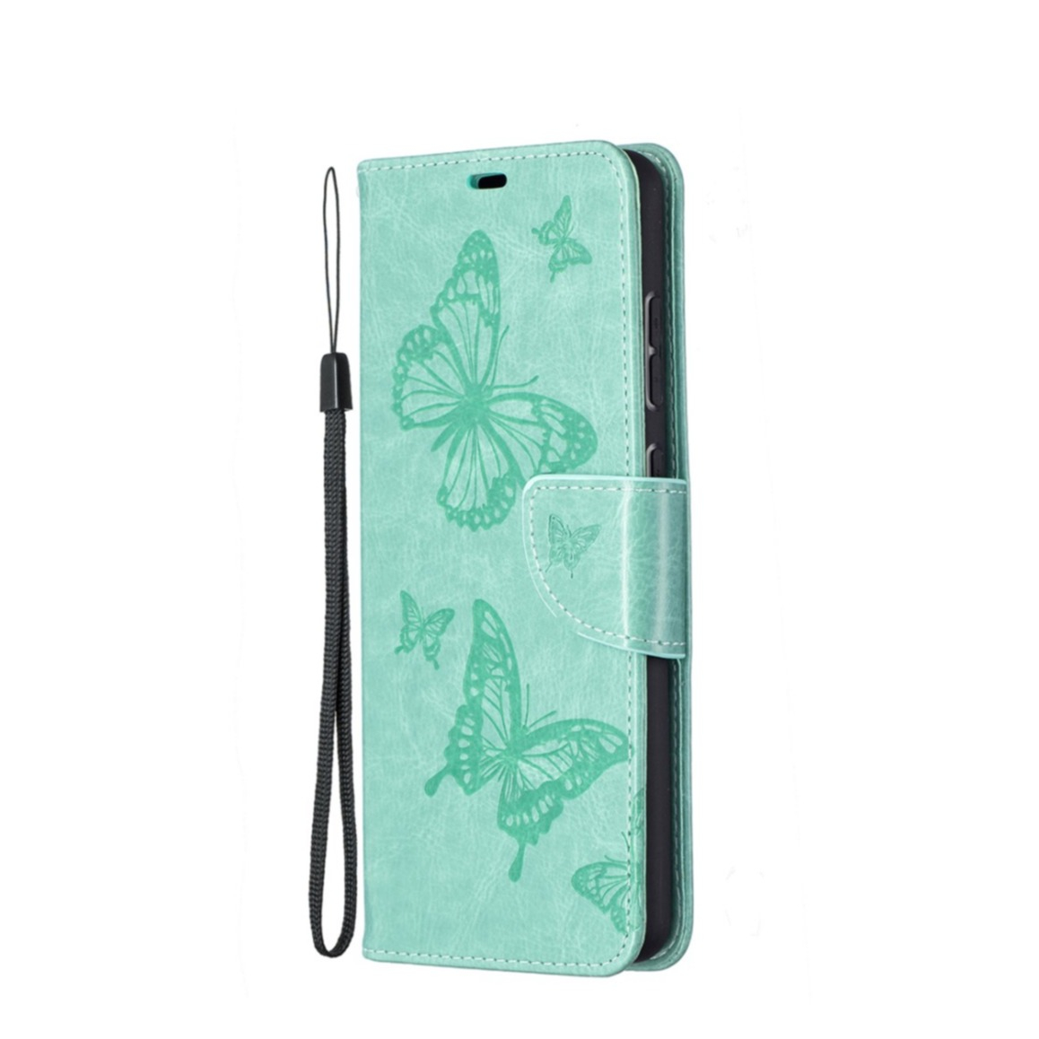 Image of Samsung Galaxy A72 / A72 5G Leder Tasche mit Kartenfach + Handschlaufe Schmetterling - Türkis bei Apfelkiste.ch