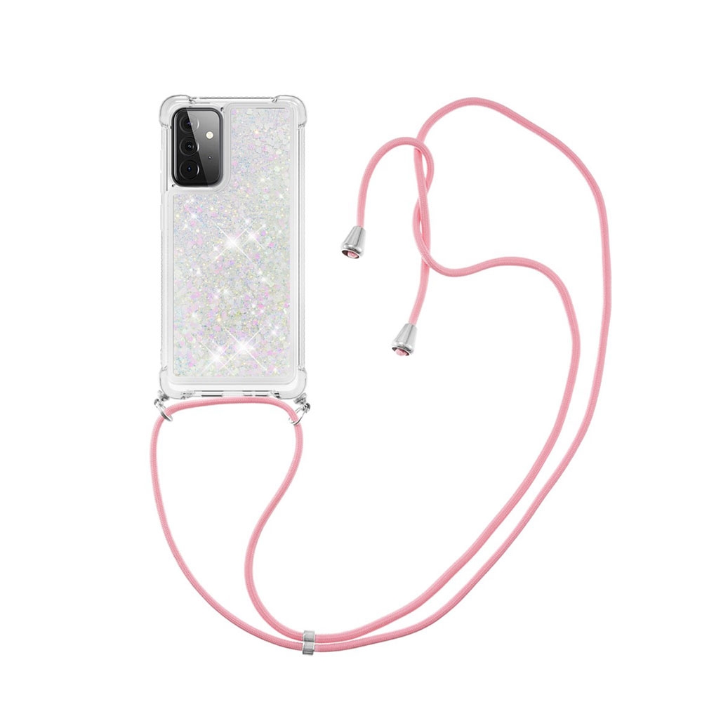 Image of Samsung Galaxy A72 / A72 5G Necklace Gummi Hülle Liquid Glitzer + Handykette (130cm) - Rosa / Silber bei Apfelkiste.ch