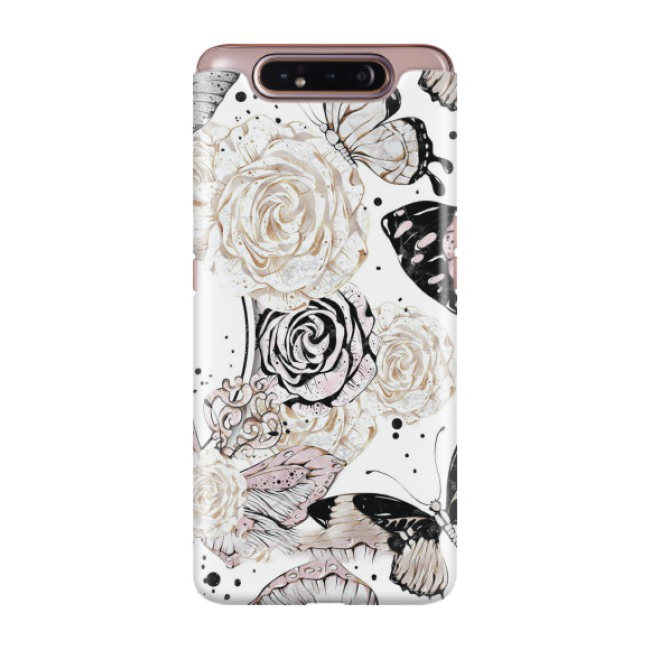 Samsung Galaxy A80 Hardcase Schutzhülle Blumen Schmetterling - Weiss / Rosa