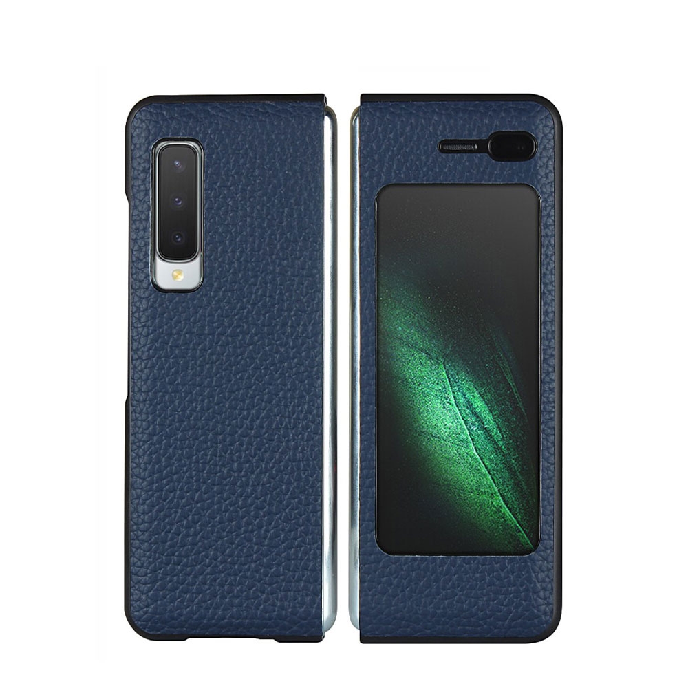 Image of Samsung Galaxy Fold / Fold 5G Echtleder Hardcase Hülle Litchi Look - Dunkelblau bei Apfelkiste.ch