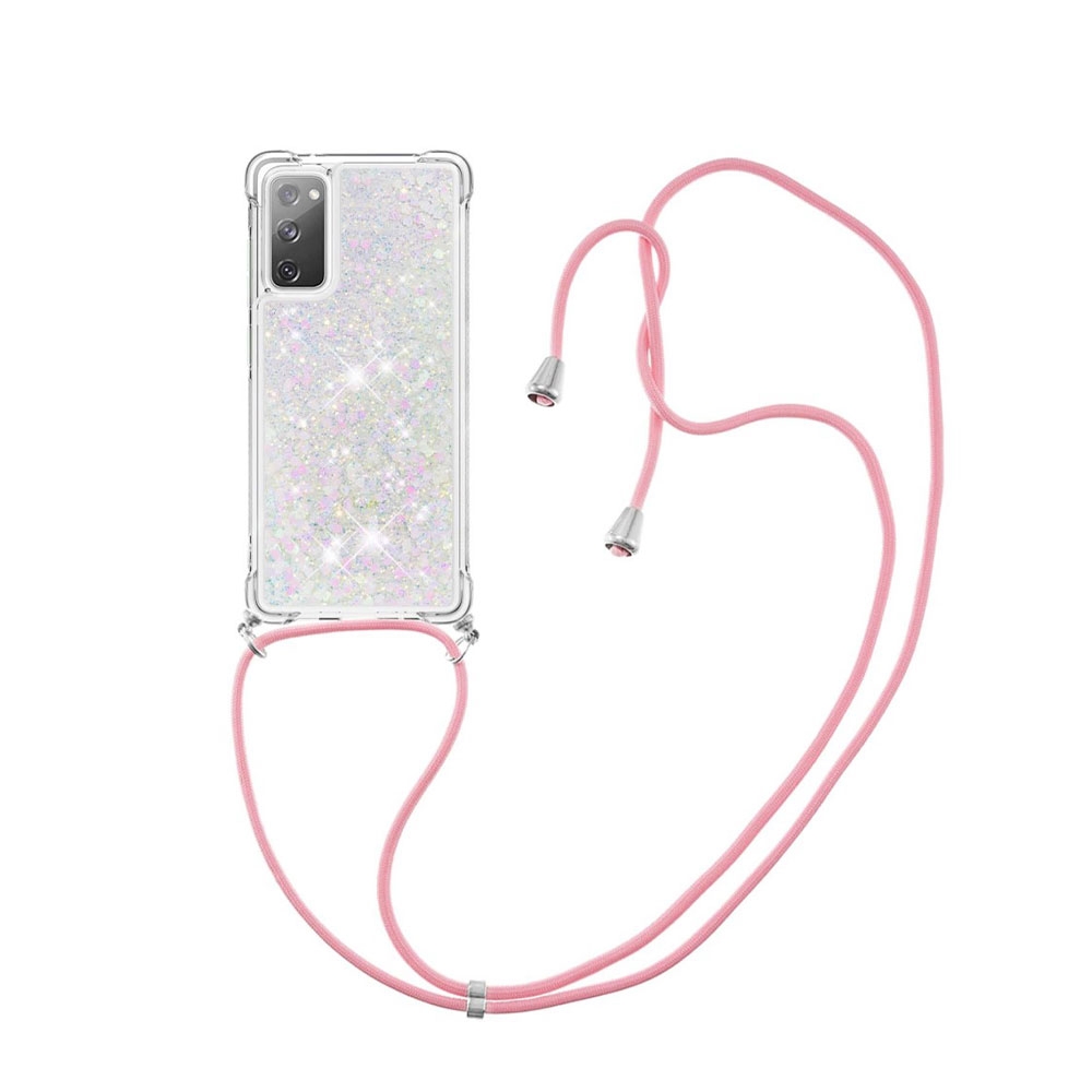 Image of Samsung Galaxy S20 FE / S20 FE 5G Necklace Gummi Hülle Liquid Glitzer + Handykette (130cm) - Rosa / Silber bei Apfelkiste.ch