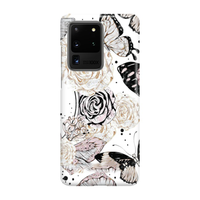 Samsung Galaxy S20 Ultra / S20 Ultra 5G Hardcase Schutzhülle Blumen Schmetterling - Weiss / Rosa
