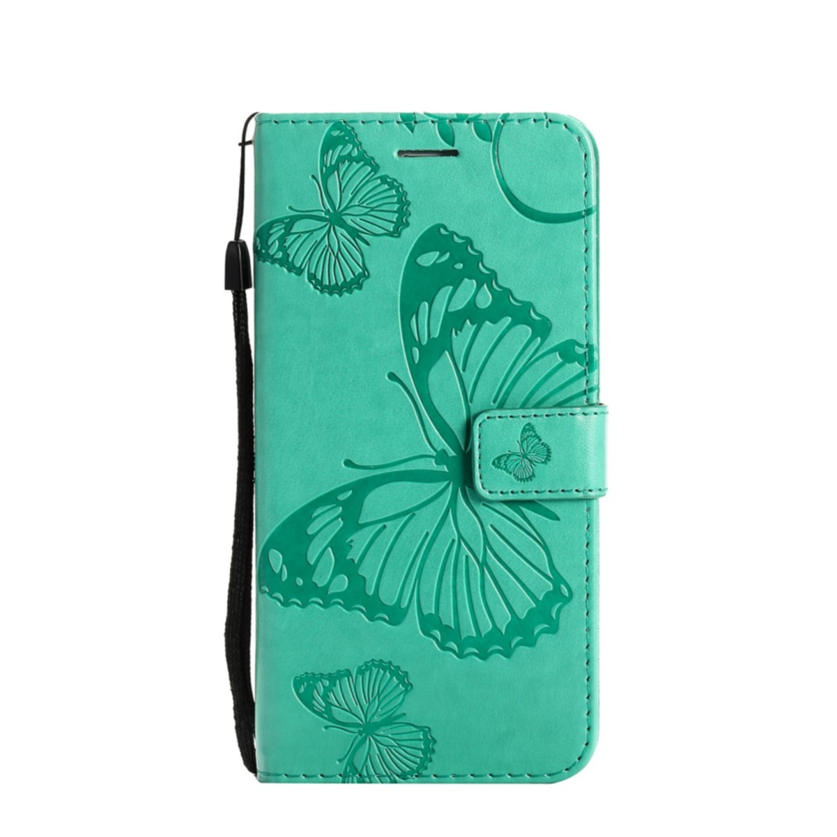 Image of Samsung Galaxy S21 FE 5G Leder Tasche mit Kartenfach + Handschlaufe Schmetterling - Grün bei Apfelkiste.ch