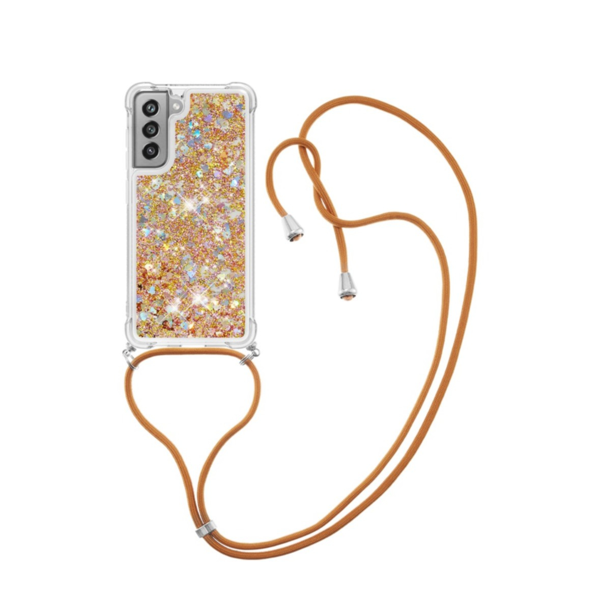 Image of Samsung Galaxy S21 FE 5G Necklace Gummi Hülle Liquid Glitzer + Handykette (130cm) - Braun / Gold bei Apfelkiste.ch