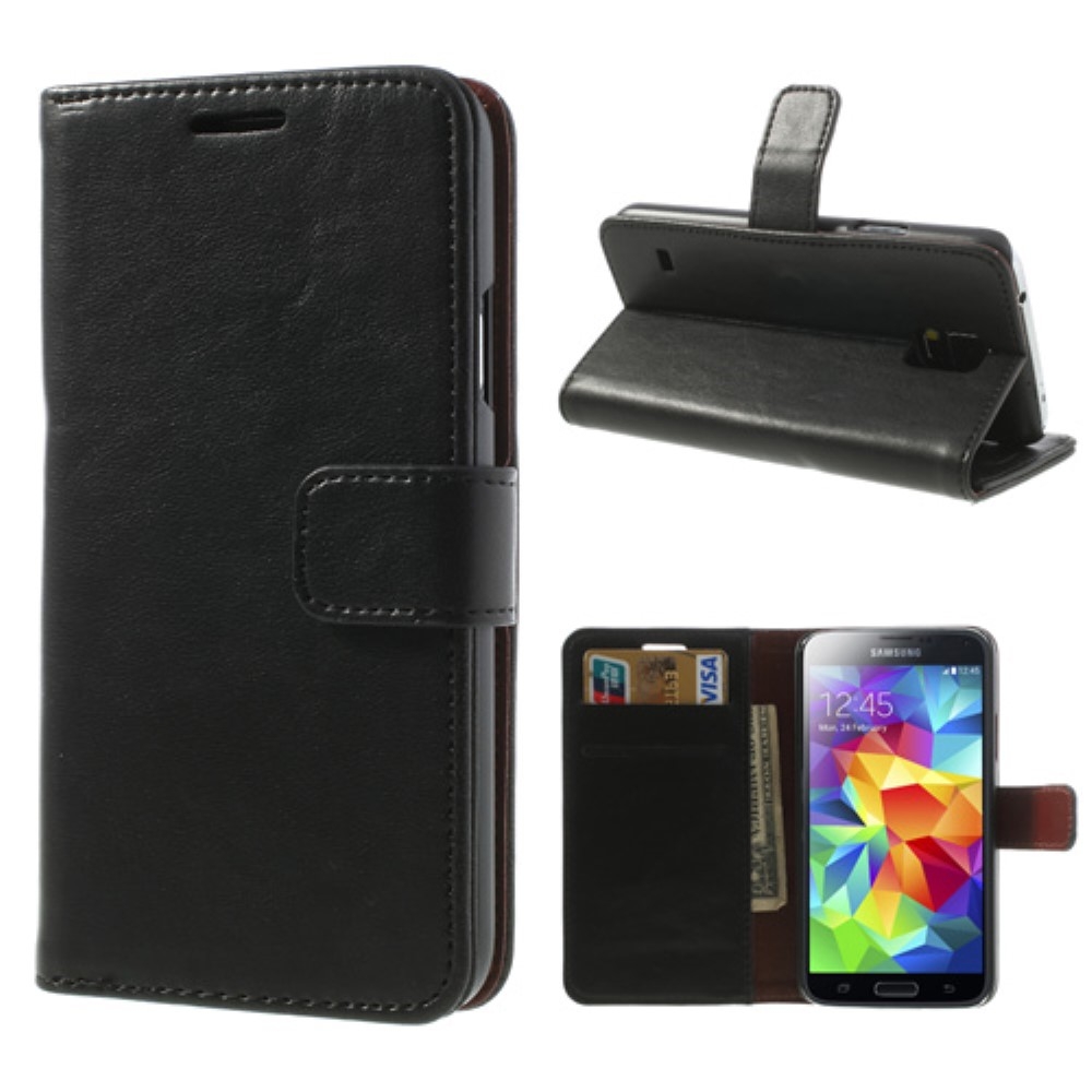 Samsung Galaxy S5 Leder Tasche Flip Cover mit Kartenfächer - Schwarz