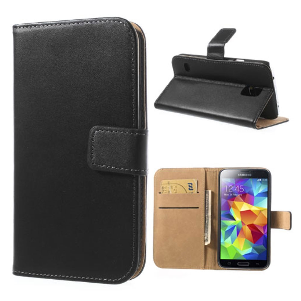 Image of Samsung Galaxy S5 Echtleder Tasche Flip Cover mit Kartenfächer - Schwarz bei Apfelkiste.ch
