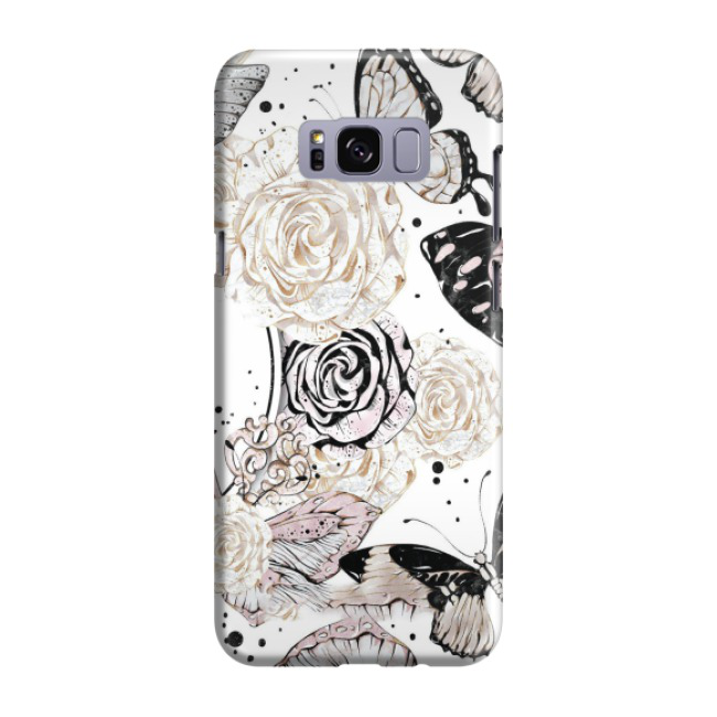 Samsung Galaxy S8 Plus Hardcase Schutzhülle Blumen Schmetterling - Weiss / Rosa