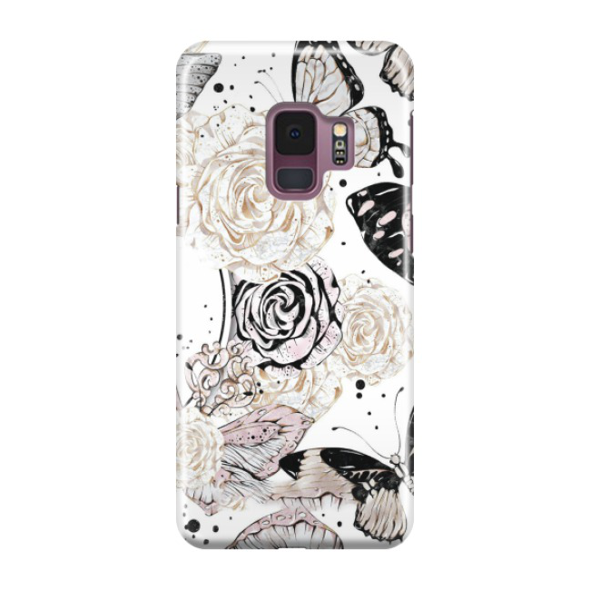 Samsung Galaxy S9 Hardcase Schutzhülle Blumen Schmetterling - Weiss / Rosa