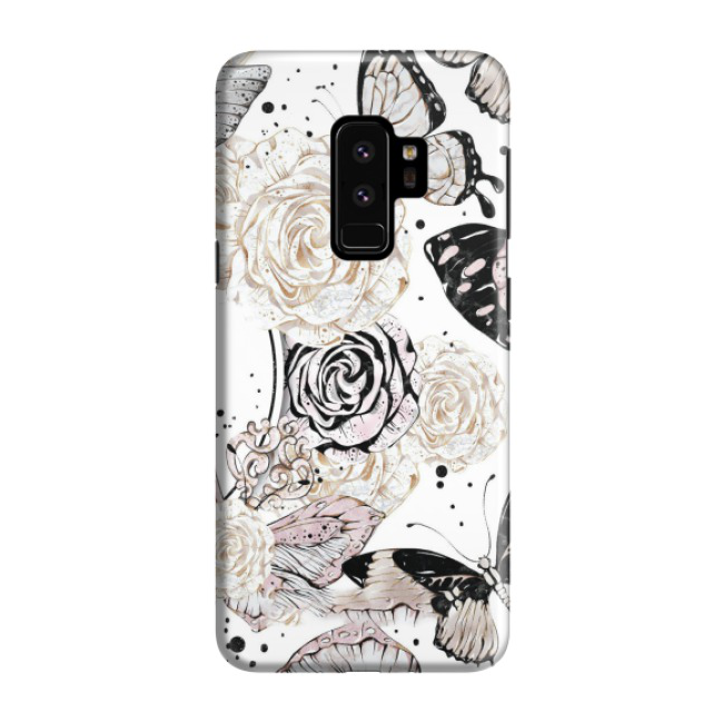 Samsung Galaxy S9 Plus Hardcase Schutzhülle Blumen Schmetterling - Weiss / Rosa