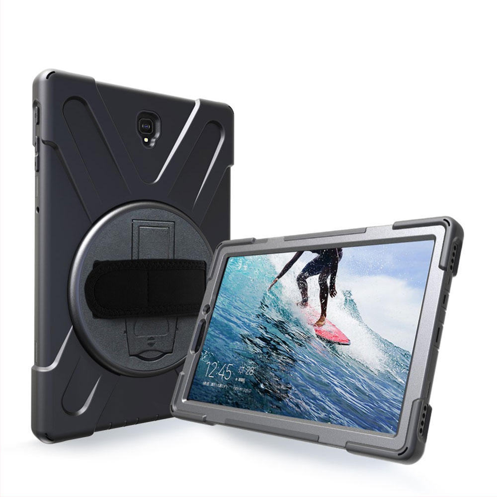 Samsung Galaxy Tab S4 10.5" Hybrid Outdoor Silikon Case Hülle mit Aufsteller und Handschlaufe - Schwarz