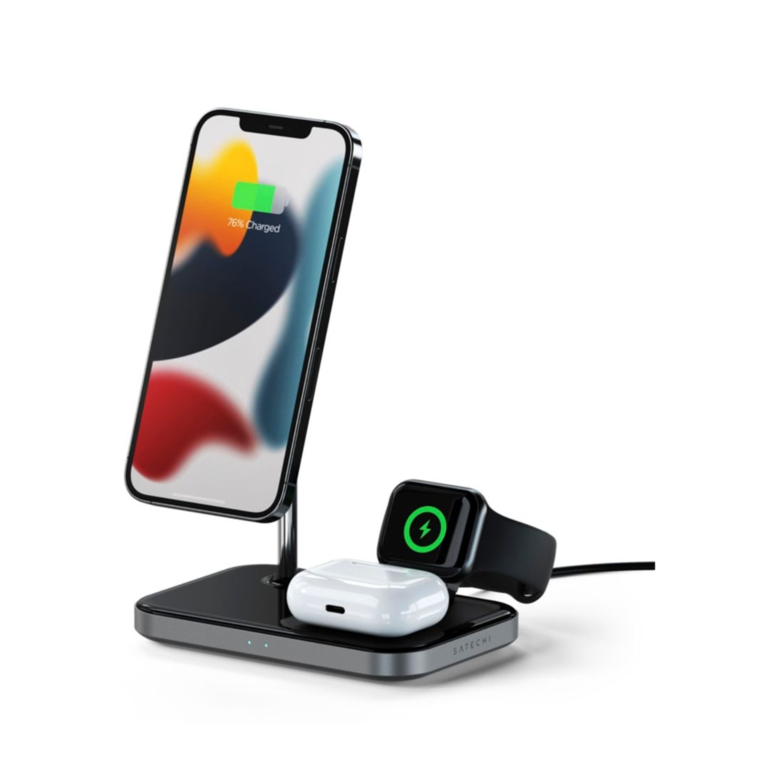 Image of Satechi - (15W) 3in1 MagSafe Qi Wireless Charger Ladegerät für Apple iPhone (Mini/Pro/Max) / Apple Airpods / Apple Watch (ST-WMCS3M) - Space Grau bei Apfelkiste.ch