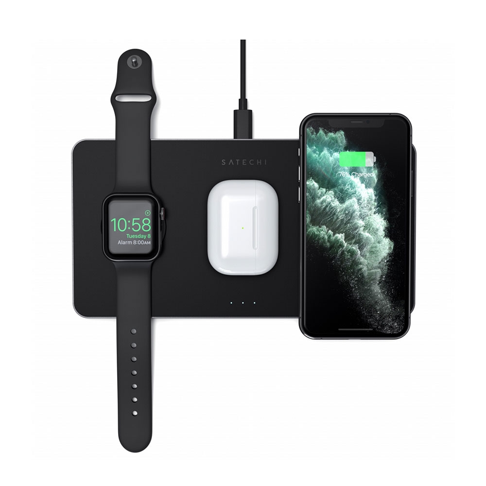 Image of Satechi - (7.5W) 3in1 Trio Qi Wireless MagSafe Charging Pad Apple Watch / Smartphone / AirPods Fast Charge Ladegerät (ST-X3TWCPM) - Schwarz bei Apfelkiste.ch