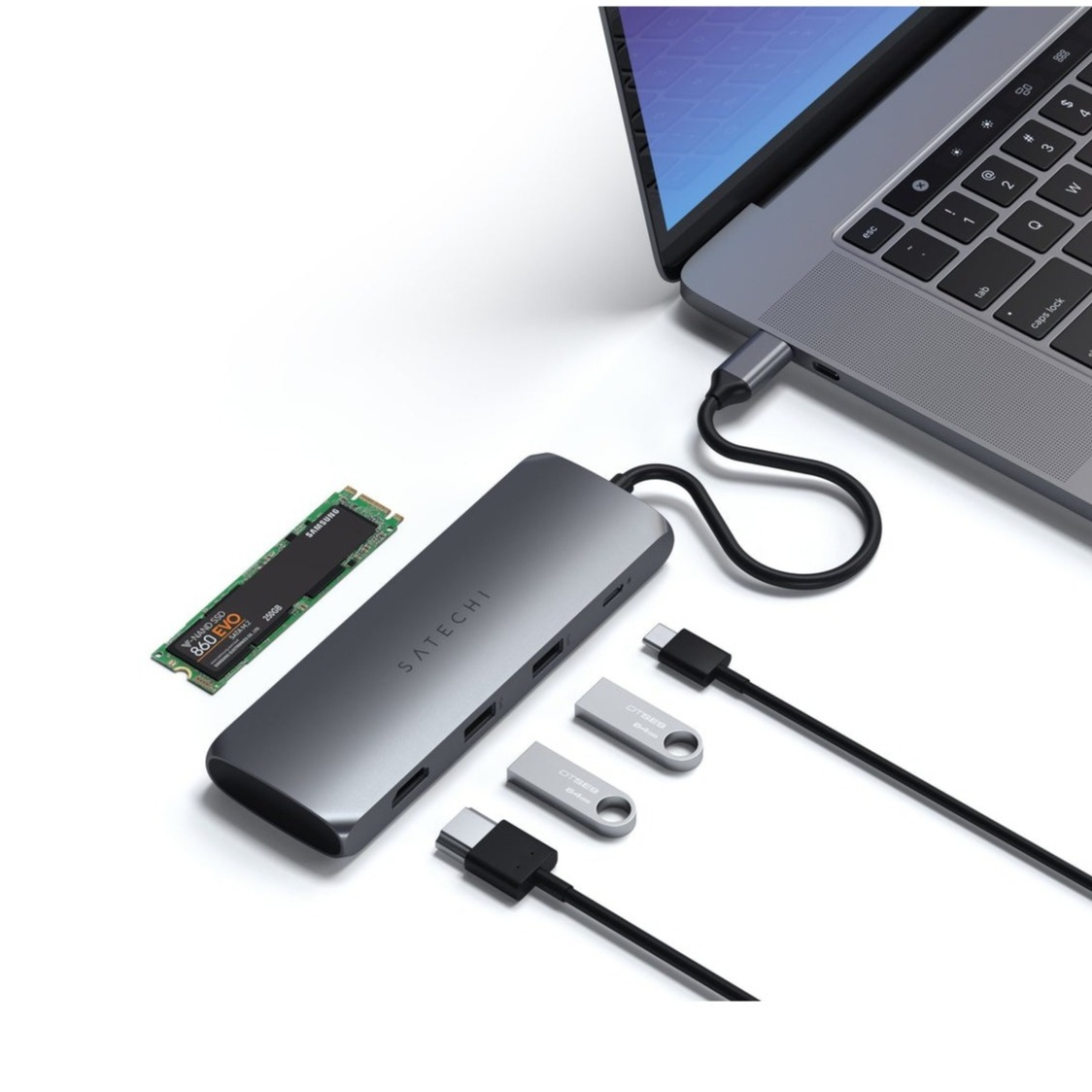 Image of Satechi - USB C Multiport Hybrid Adapter Hub mit USB C / 4K HDMI / 2x USB 3.0 / M.2 SATA SSD Kartenlesegerät mit PD (ST-UCHSEM) - Space Grau bei Apfelkiste.ch